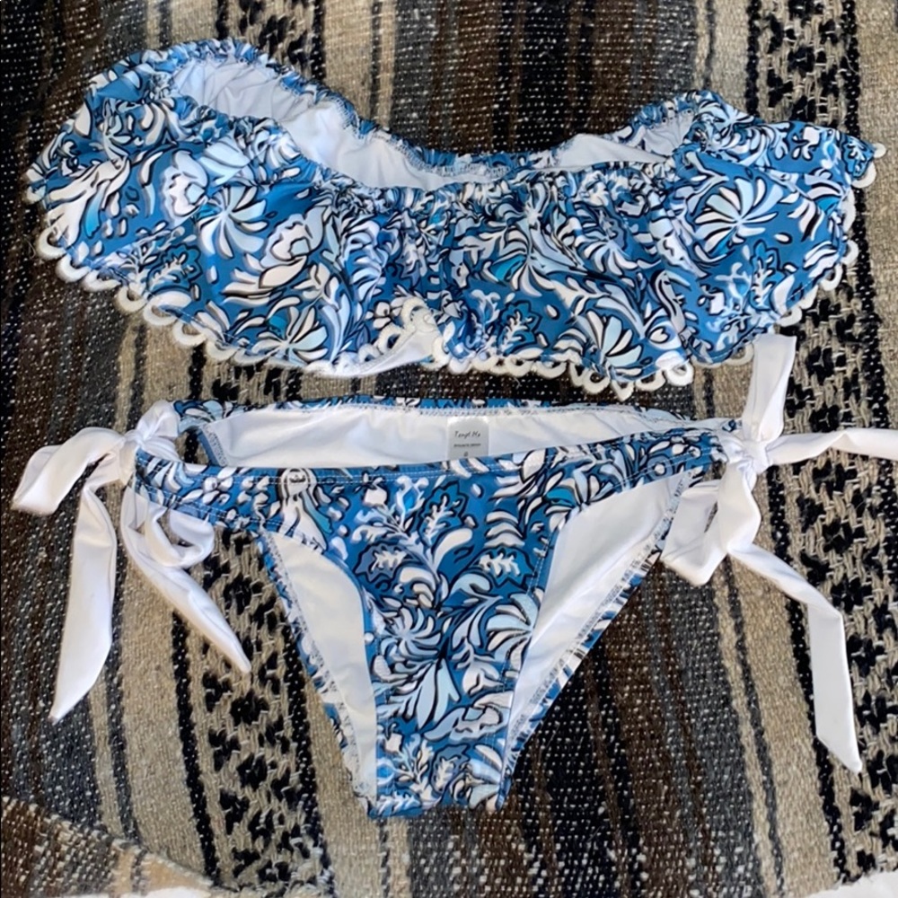 Blue and white bikini
